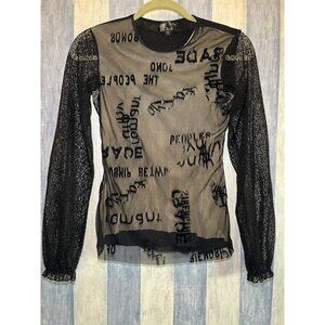 Petit Pois By Viviana G Black Graphic Text Mesh Overlay Long Sleeve Shirt Small